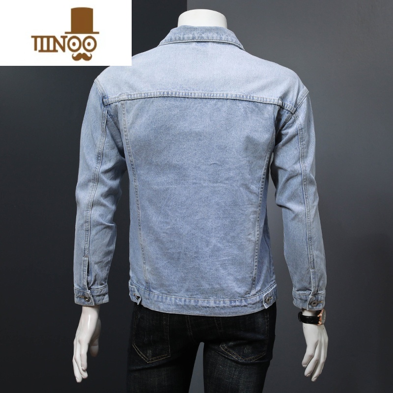 YANXU新款修身破洞牛仔外套男士牛仔褂上衣翻领夹克复古牛仔服高清大图