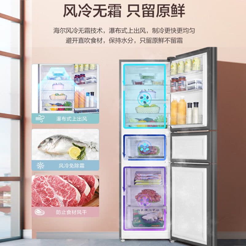 海尔风冷无霜三门冰箱220升网红彩晶钢化玻璃面板小型节能家用电冰箱 220L三开门软冷冻 BCD-220WDGR图片