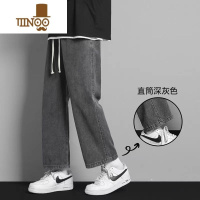 YANXU港风系绳牛仔裤男宽松直筒阔腿裤ins高街休闲百搭九分裤子潮 S 灰色
