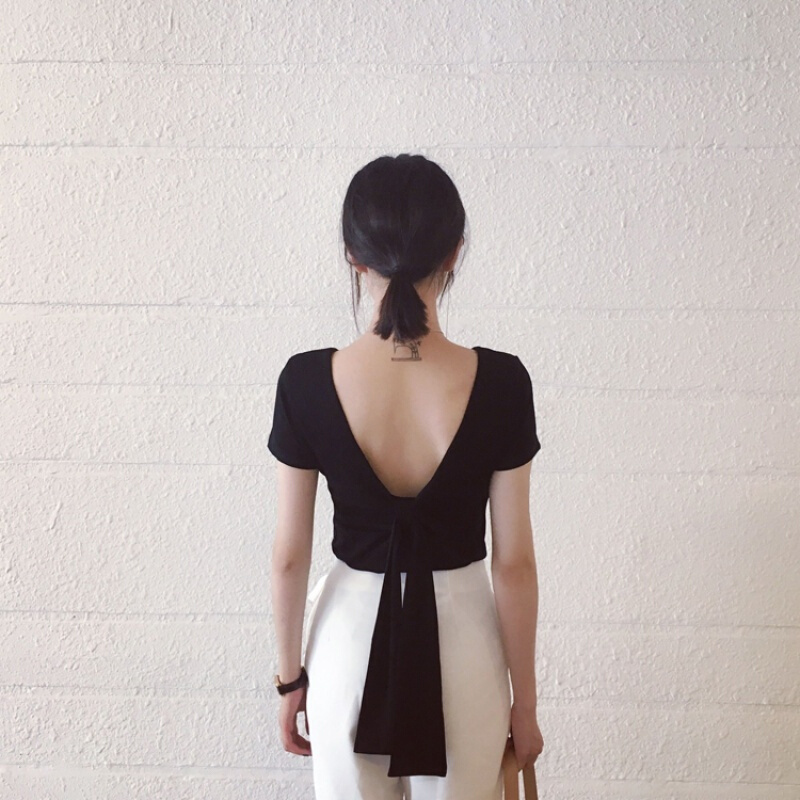 夏季新款性感露背蝴蝶结绑带短袖棉质t恤女舒适弹力舞蹈v领上衣