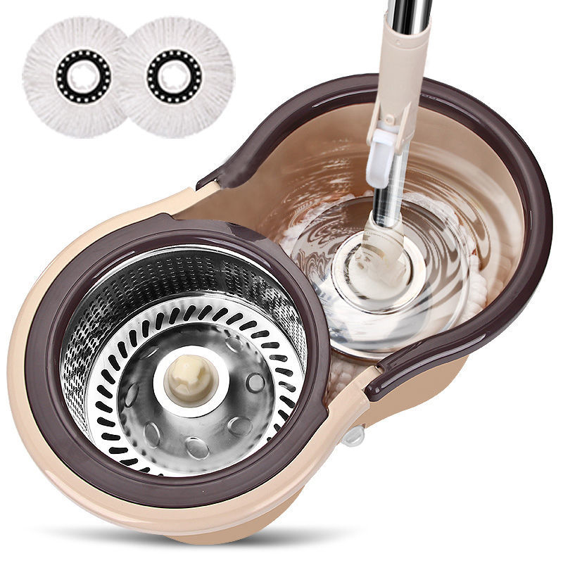 拖地桶家用甩干桶拖地板神器一拖净免手洗拖把旋转拖布桶甩干墩布_1_290 加强杆+钢蓝+钢盘+2拖头咖色