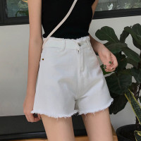[2.5折价67元]唐狮牛仔中短裤子女百搭米白色牛仔腰头毛边短裤休闲时尚牛仔热裤女