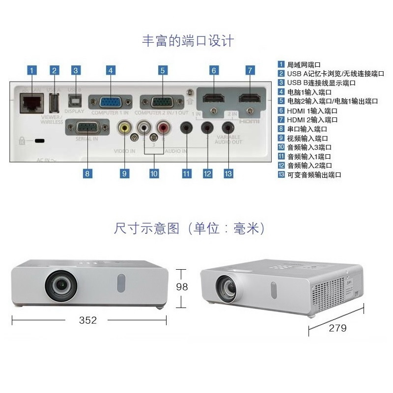 松下 投影仪 PT-BW410C +120英寸电动幕布(4000流明,20000:1对比度,WXGA,赠送辅材和安装)