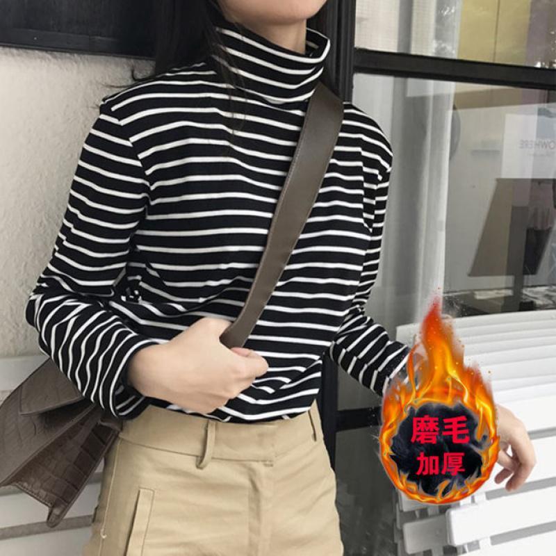 秋春女装韩版条纹长袖T恤女宽松高领加绒打底衫女学生百搭上衣服