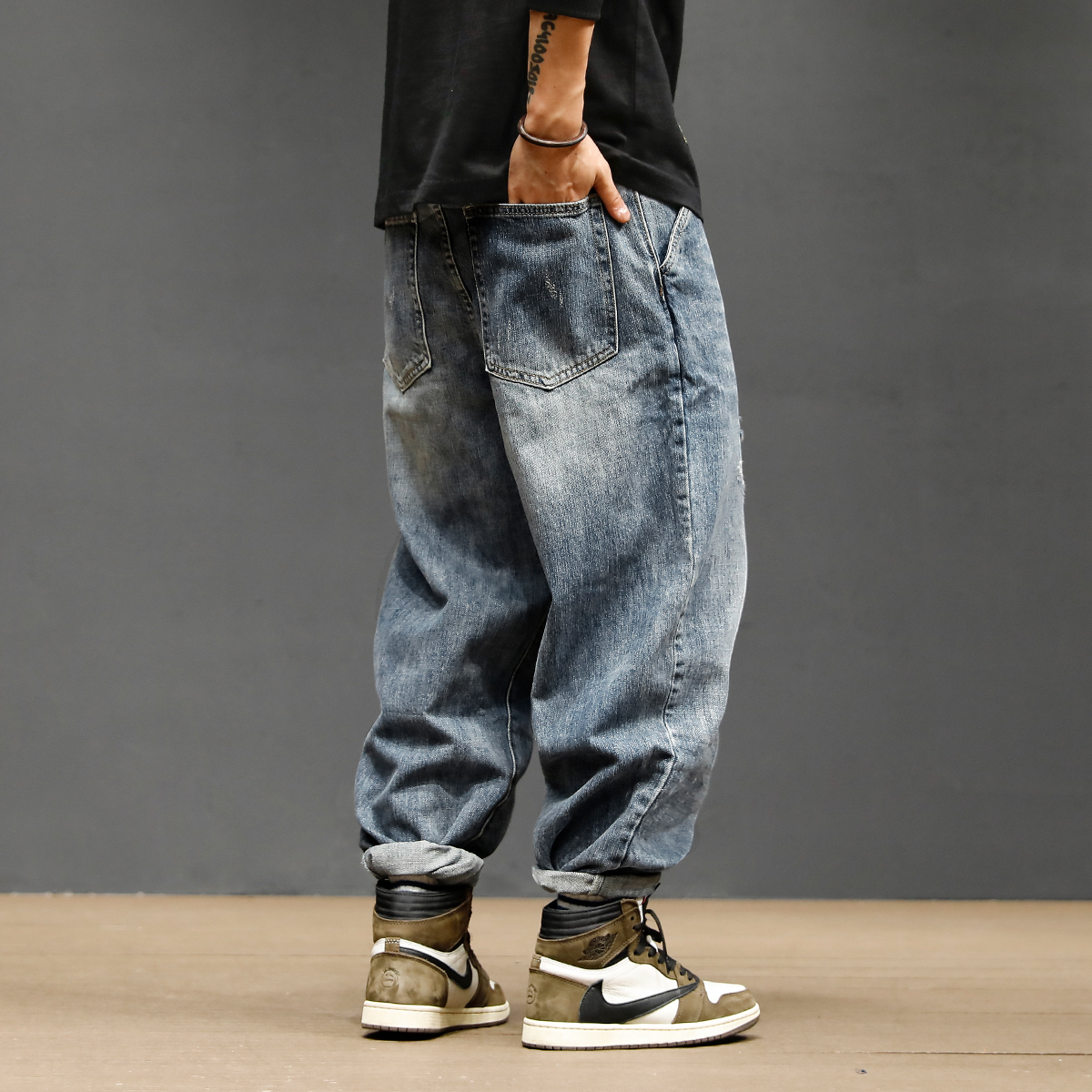 yuansu马切达秋季牛仔裤街头复古水洗休闲裤男士潮牌破洞直筒宽松