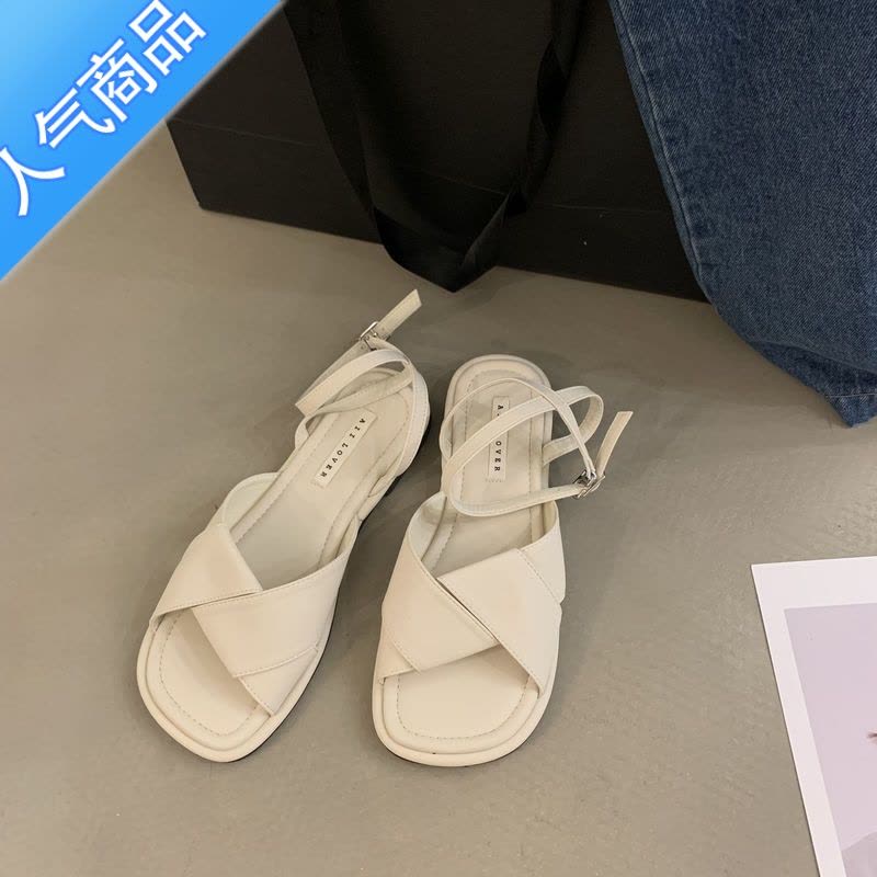 SUNTEK露趾凉鞋女夏平底2022年韩版学生温柔仙女风一字扣带蝴蝶结罗马鞋图片