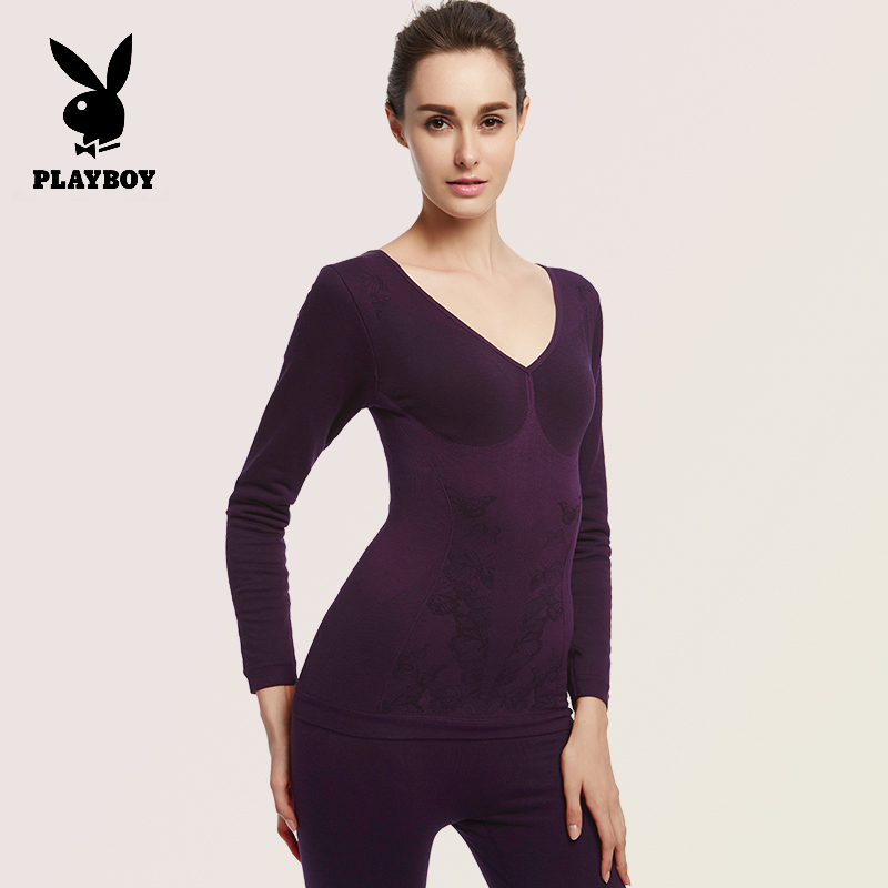 【断码清仓】花花公子女士美体加绒均码套装紫檀色大v领秋冬打底高清大图