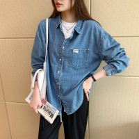 唐狮春季衬衫女复古牛仔做旧长袖衬衣小标薄款外套ins
