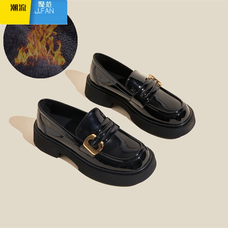 聚范小皮鞋女款英伦风2024新款夏季夏天jk配裙子乐福鞋百搭厚底女鞋子 黑色加绒 38