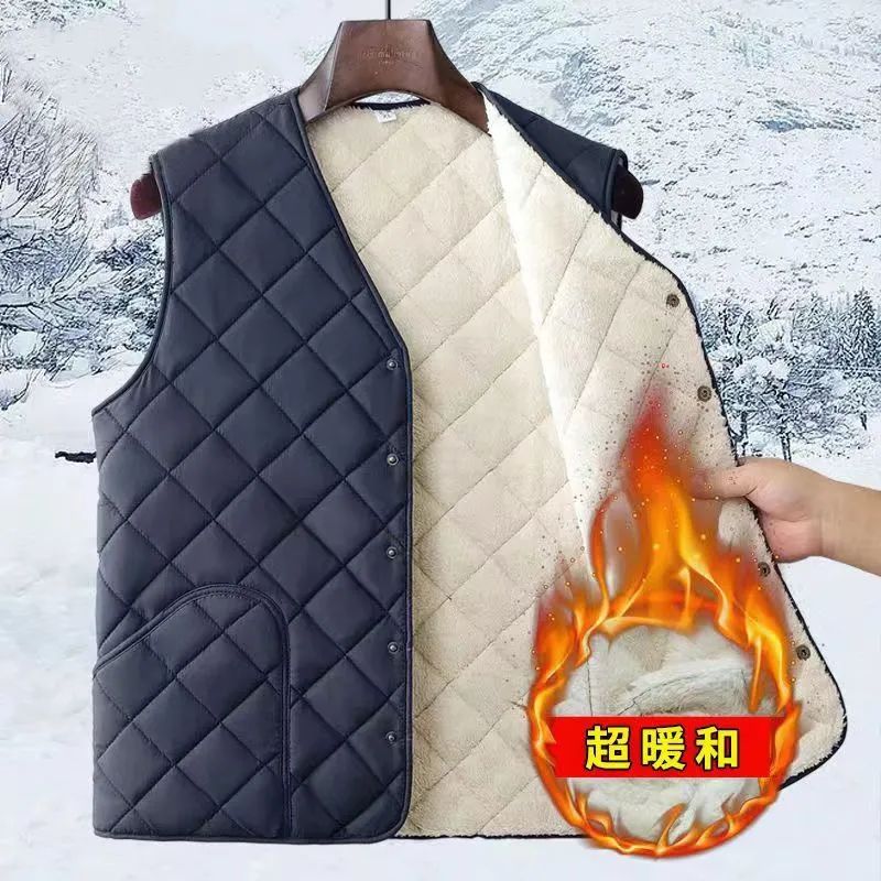 冬季新款中老年男士加厚棉休闲背心爸爸装无领加绒马甲内外穿高清大图