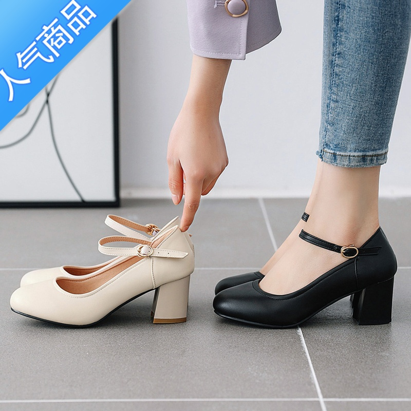 suntek韩版春秋新款圆头粗跟浅口单鞋女中跟33大码40舒适高跟鞋玛丽珍