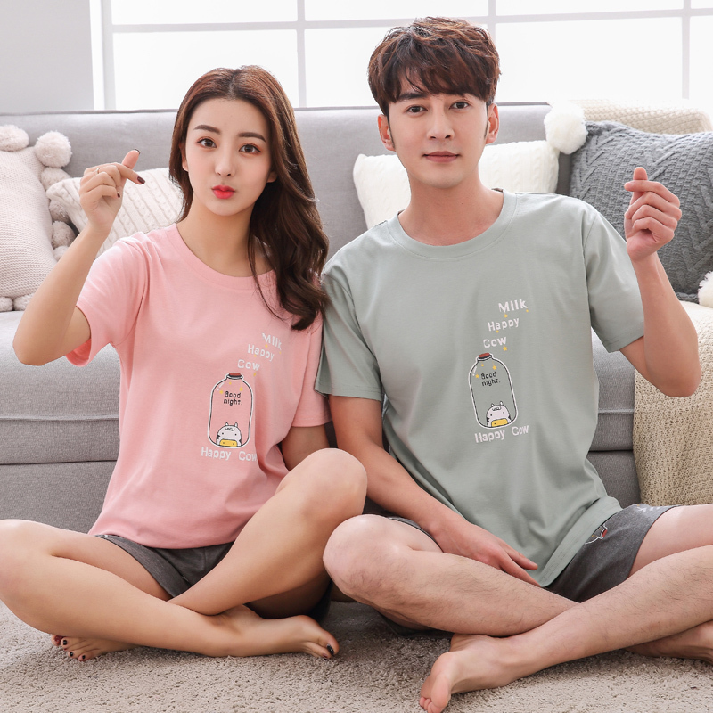 夏季青年情侣睡衣女棉短袖韩版夏天男士可爱棉薄款家居服两件套装 臻