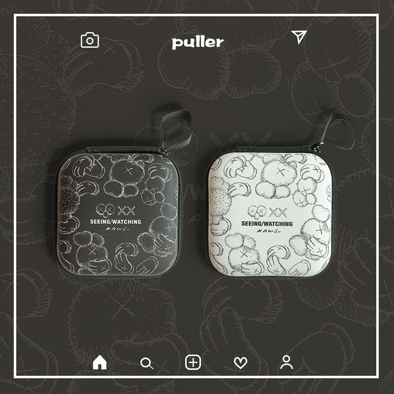 puller耳机包平板电脑充电器防摔收纳盒数据线绕线器可爱卡通移动 黑色XX[小号方形收纳盒](9.5×9.5)