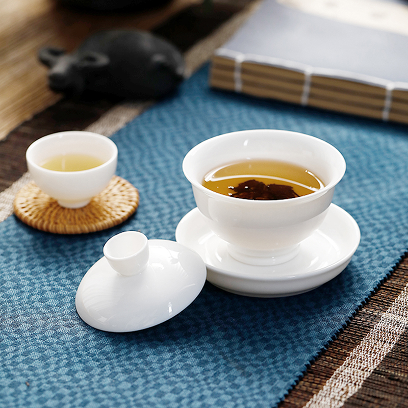博为盖碗茶杯大号德化白瓷羊脂玉瓷陶瓷功夫茶具 云上雪(赠2个茶杯)