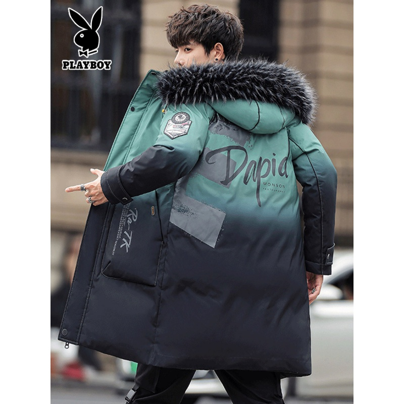 花花公子羽绒服男潮韩版中长款渐变色加厚保暖男士冬季外套青少年
