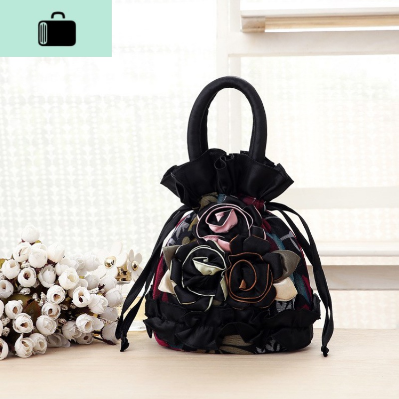 民族风2020春季女包手提布艺包包绣花刺绣手拎迷你化妆零钱小布包NEW LAKE女士钱包/卡包 黑色