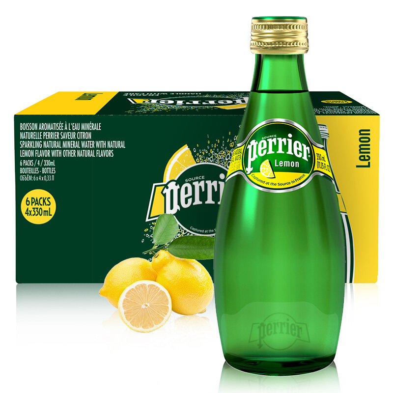巴黎水(perrier)柠檬味330ml*24瓶含气天然矿泉水 法国进口气泡水