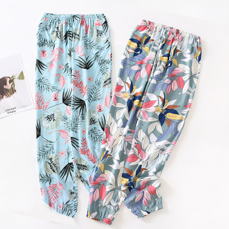 suntek人造棉睡裤女夏季长裤家居裤宽松棉薄款绵绸收口裤子空调裤卡通