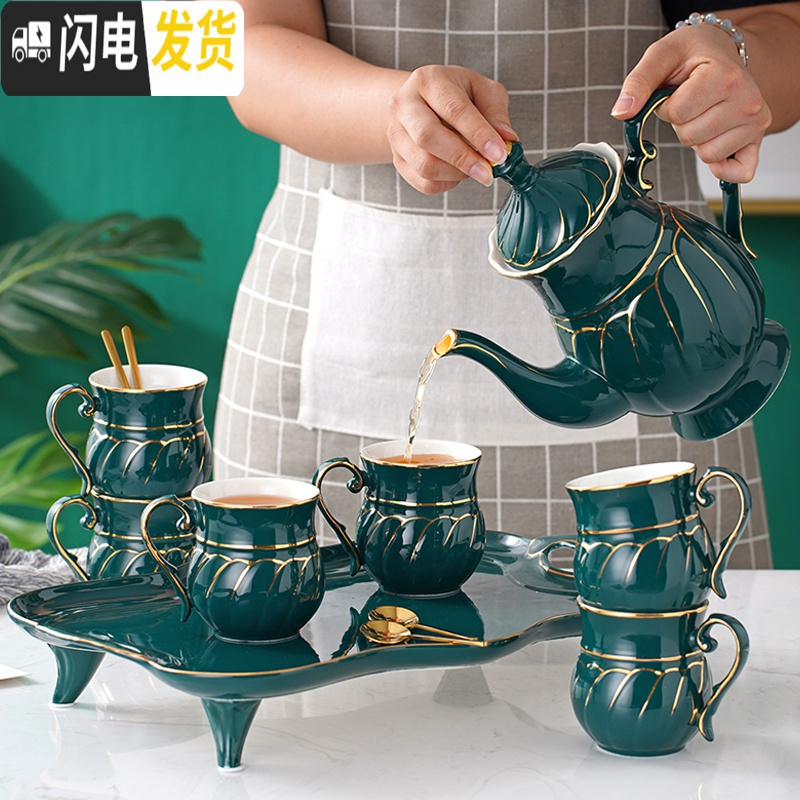 三维工匠水具套装家用欧式陶瓷客厅茶壶茶具水杯具家庭简约冷水壶套装 孔雀绿天鹅(礼盒包装)