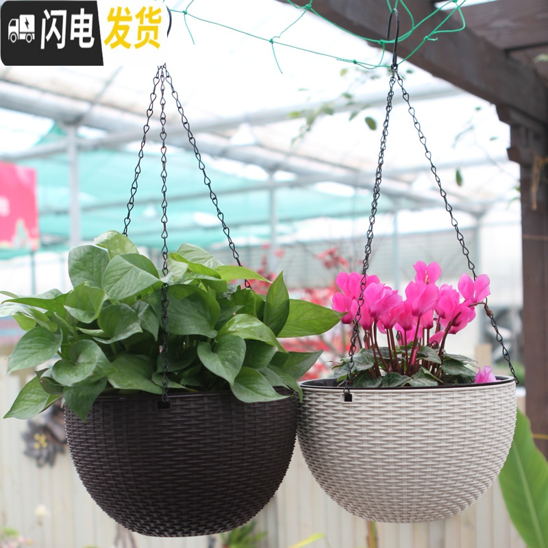 三维工匠吊兰花盆垂吊悬挂创意绿萝多肉懒人自吸水培器皿塑料双层吊篮花盆 [2个装]米黄色 大花盆容器高清大图