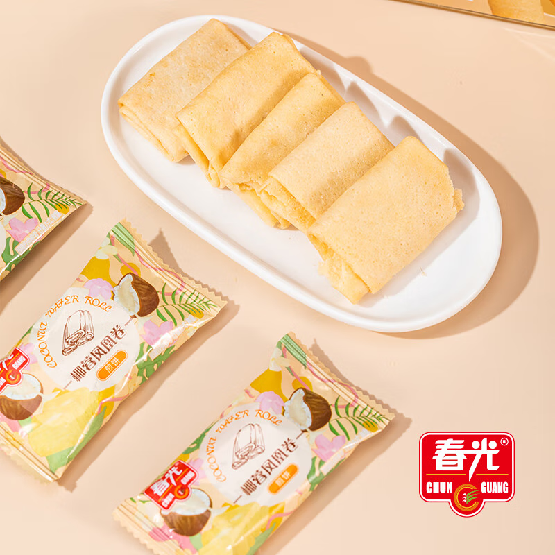 “椰香松脆什锦礼盒 408g 椰香酥卷216g 椰蓉味凤凰卷111g 椰子味巴旦木曲奇81g”高清大图