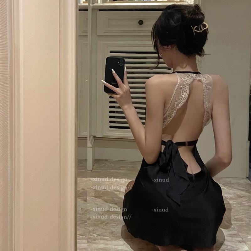 夜酥性感内衣深V挂脖睡衣女性露背诱惑火辣缎面吊带睡裙蕾丝批发高清大图