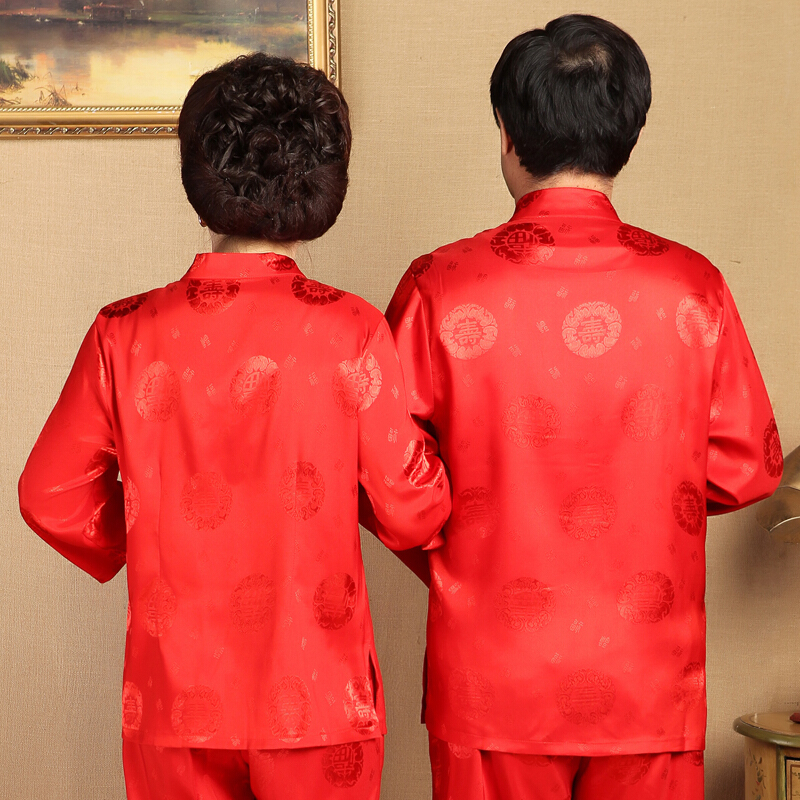 中老年唐装男士套装薄款夏季衬衫女短袖情侣装爸爸爷爷过寿生日装