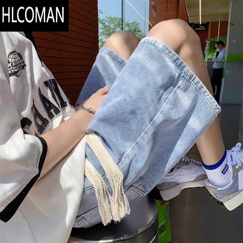 HLCOMAN编织抽绳牛仔短裤男潮流百搭宽松五分裤子夏季薄款潮牌纯色直筒裤