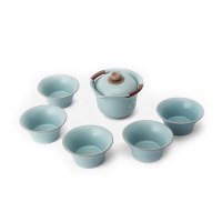 东道 汝窑 陶瓷青瓷套装茶具 晨香侧杯组 爆款 一碗五杯 开片可养 天青色