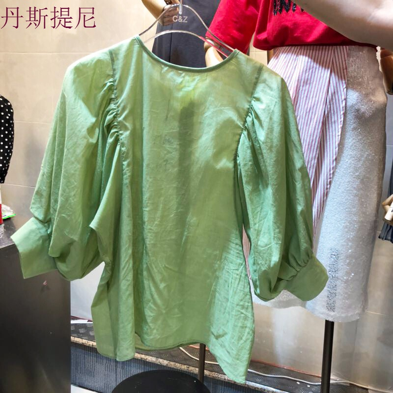 特惠2018夏装纯色圆领灯笼短袖衬衫女宽松韩版套头衬衣学生上衣服黄色均码