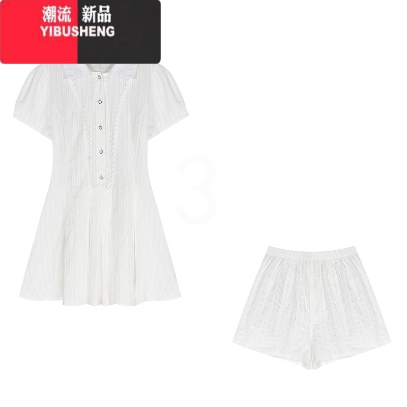 YIBUSHENG学院风白色短袖衬衫连衣裙女装季法式收腰a字裙小个子百褶短子高清大图