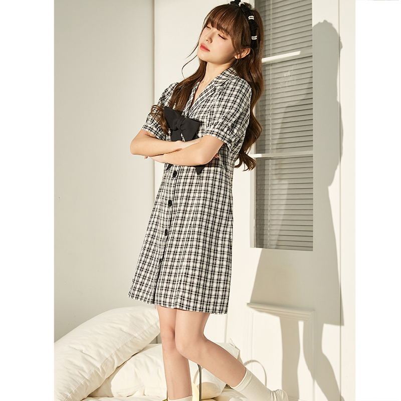 [2.5折价133元]下架唐狮西装连衣裙女春秋款裙子女夏季女装格子裙春装女