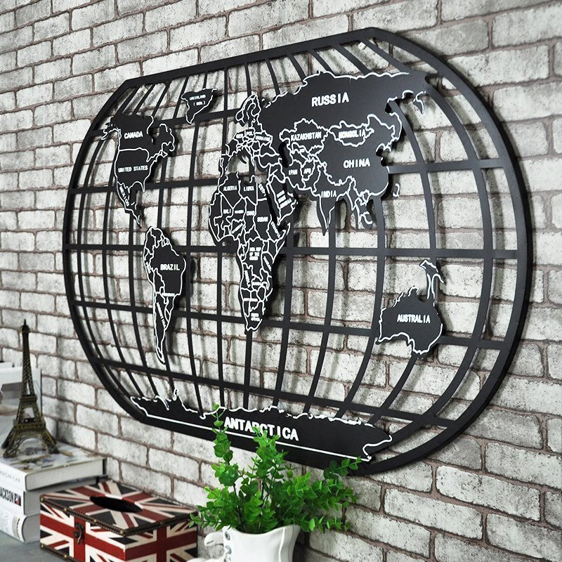 复古工业风铁艺世界地图墙壁挂件酒吧餐厅客厅墙上壁饰墙面装饰品 三维工匠 世界地图黑色1米+灯带高清大图
