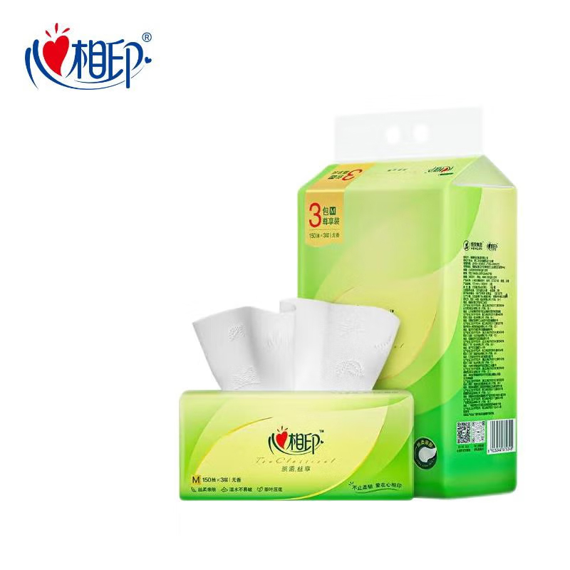 心相印 抽纸 茶语丝享系列150抽三层塑装纸面巾(M码)3包4提装