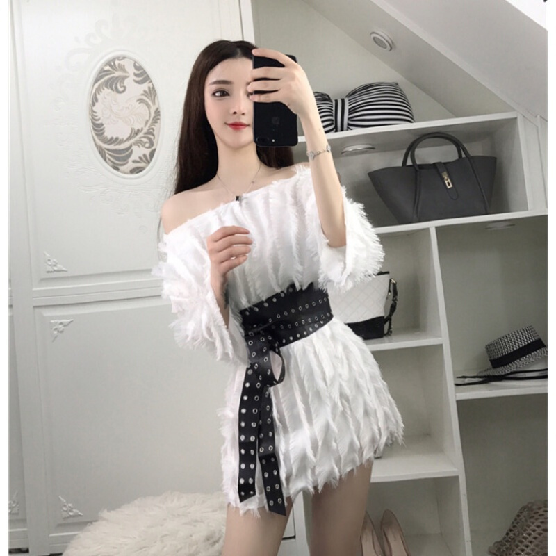 网络直播服装女主播上镜衣服性感夜店露肩清新淡雅仙女连衣裙潮白色均码