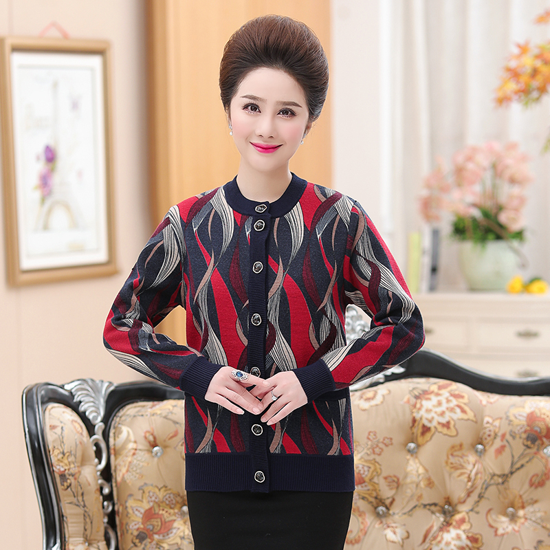 品牌送礼妈妈装羊绒衫女中老年奶奶宽松加大码毛衣本命年老太太开衫女羊绒开衫女印花毛衣女中老年人保暖羊毛衫加绒外套高清大图