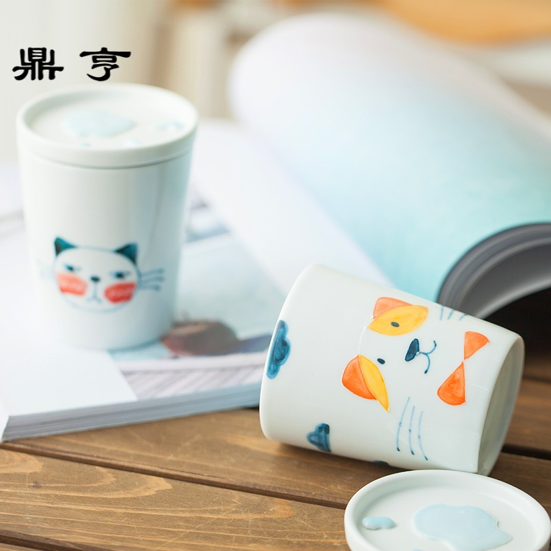 鼎亨包邮日式萌物猫狗陶瓷杯手工 咖啡杯带碟带盖卡通趣味水杯 牛