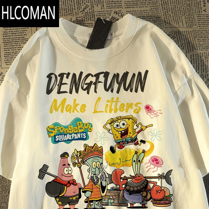 HLCOMAN日系趣味可爱卡通动画印花短袖t恤女男情侣慵懒风bf美式上衣