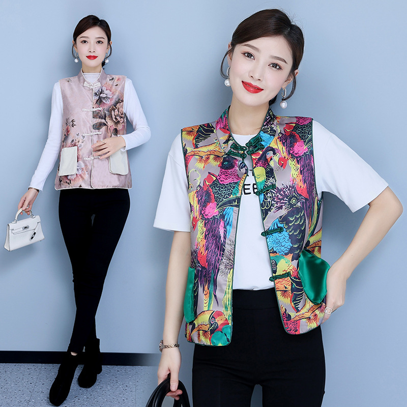 民族风中国风女秋绣花坎肩中式马甲改良丝绸唐装旗袍背心开衫