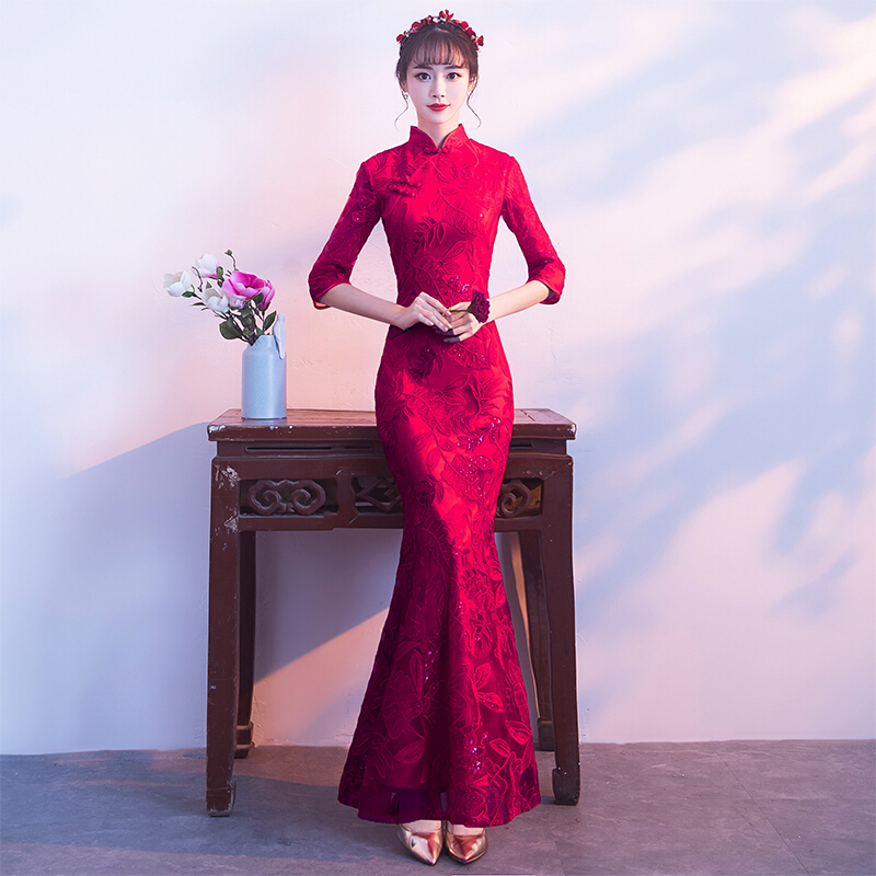 敬酒服新娘春季2018结婚新款红色中式旗袍长袖修身鱼尾走秀礼服女