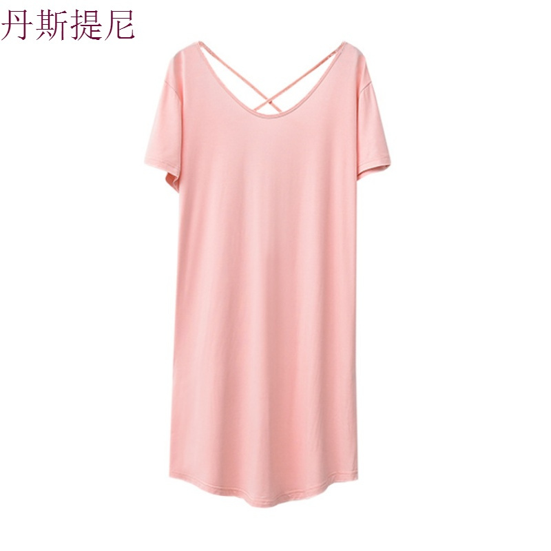 睡裙女夏季莫代尔棉性感睡衣短袖睡裙露背大码宽松薄款韩版家居服