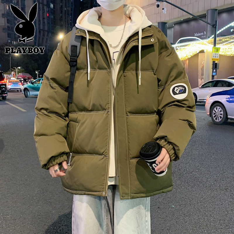 花花公子新款青少年学院风男式宽松连帽棉衣面包服假两件加厚棉服高清大图