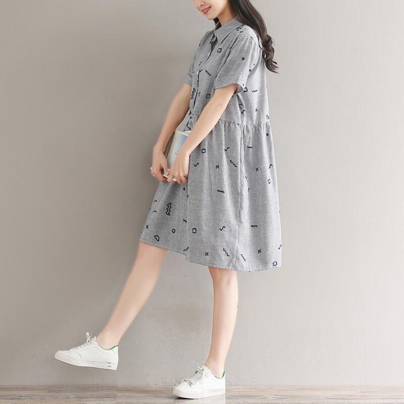 夏季森女文艺小清新宽松大码短袖条纹绣花棉麻衬衣连衣裙图片色