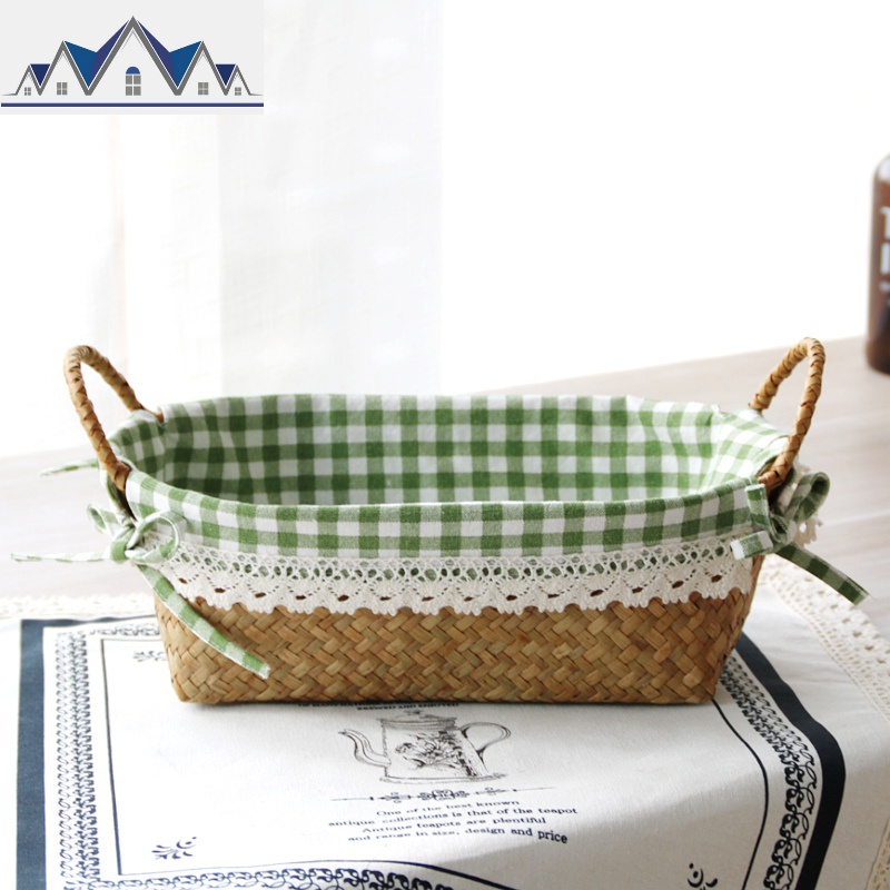 收纳筐客厅桌面海编织藤编竹编收纳篮田园布艺零食化妆品收纳盒 三维工匠 绿色里布款（大号）