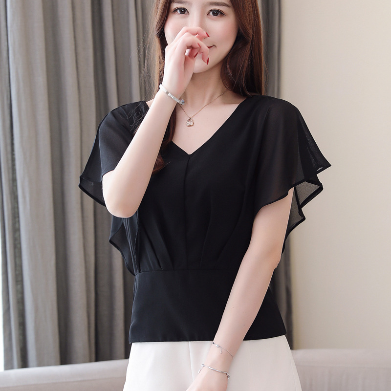 蝴蝶袖气质修身雪纺衫新款百搭雪纺衫v领超仙短袖上衣女