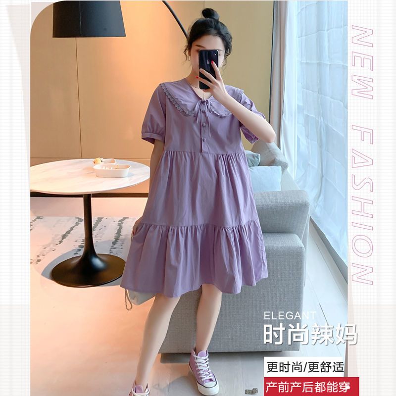 孕妇连衣裙夏装2021夏季新款时尚娃娃领宽松气质外出哺乳连衣裙潮