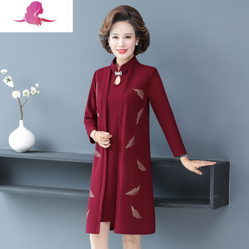艳如飞妈妈秋装两件套40-50岁2018新款风衣套装中年女装中长款韩版外套风衣