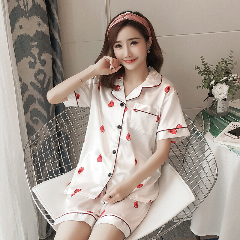 ins莓韩版冰丝睡衣女夏套装夏天短袖少女可爱两件套分体薄