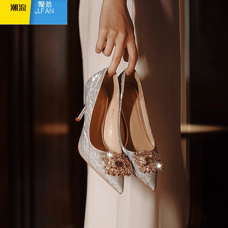 聚范香槟色婚鞋女2024新款禾秀婚纱两穿新娘鞋高级感大码高跟鞋不累脚高清大图