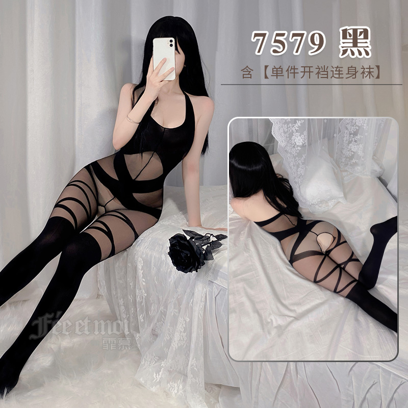 霏慕女式情趣睡衣性感情趣内衣床上开裆连身袜情趣丝袜大码调情内衣女7579 7579黑【单件开裆连身袜】 均码